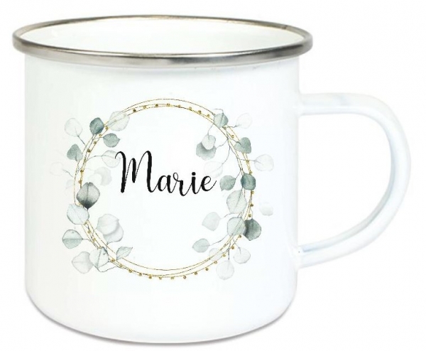 ♥ Tasse Emailletasse Blumen Kranz Eukalyptus, Name Wunschname Freundin Dankeschön, Geburtstag, Muttertag, Vatertag, Abschied, Jubiläum, Geschenk, Becher von Lüttentüddel